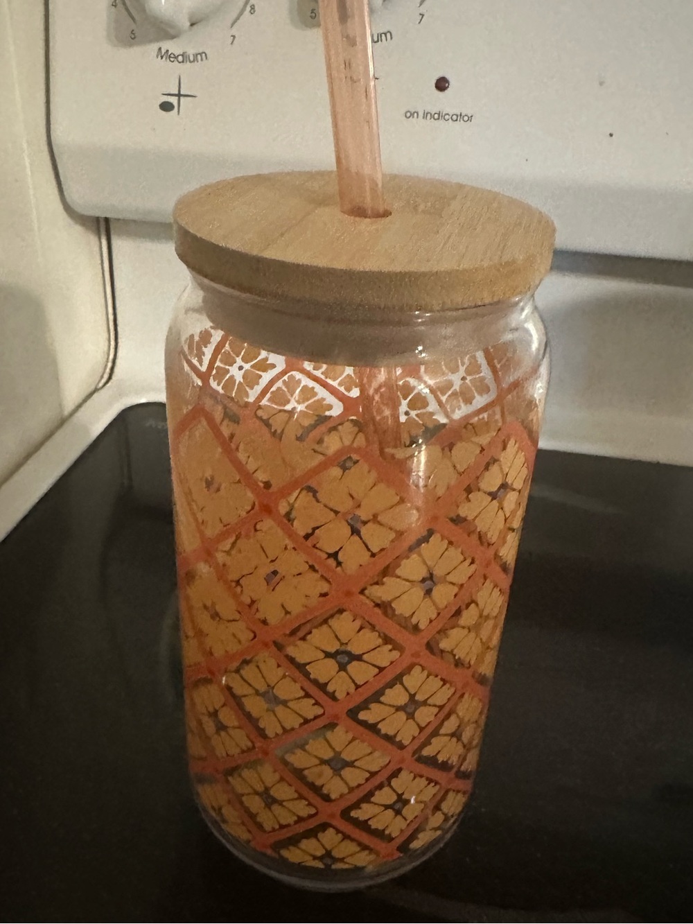 Orange Patterned Jar with Bamboo Lid - Home Accents